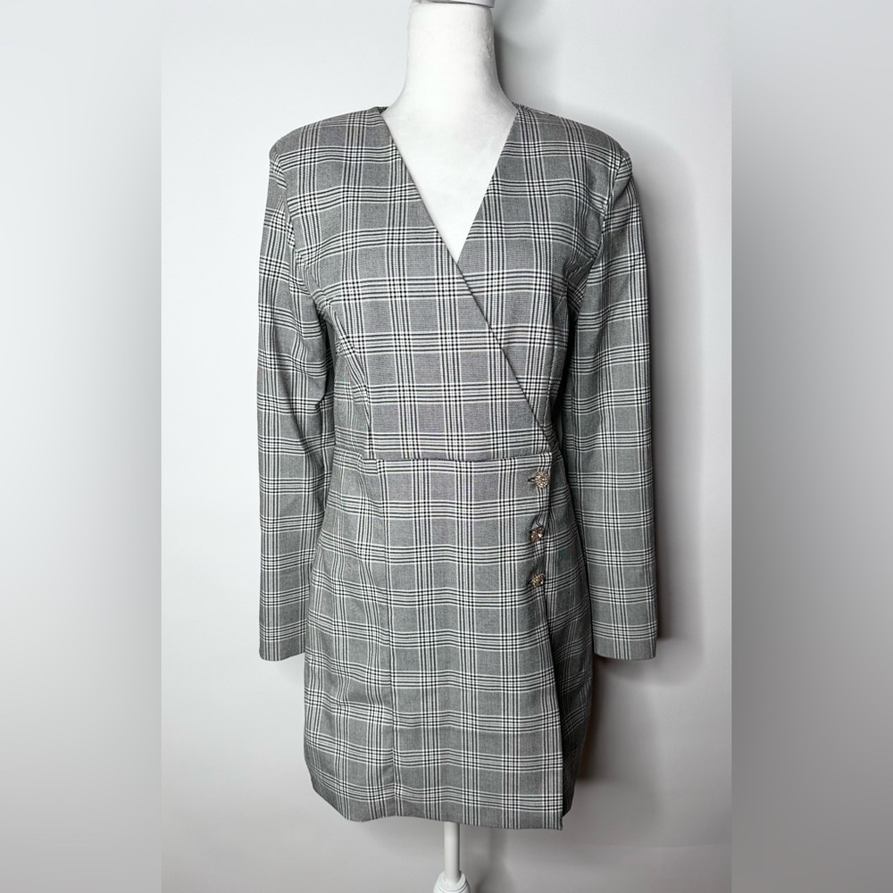 ZARA NWT WOMAN PLAID BLAZER DRESS Size Large Black / White 8342/322